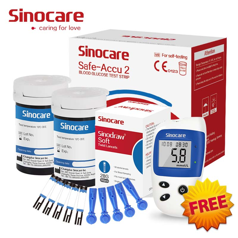 Tiras de prueba diabéticas Sinocare, medidor de glucosa en sangre portátil con pantalla LCD para hospitales y hogares con CE e ISO