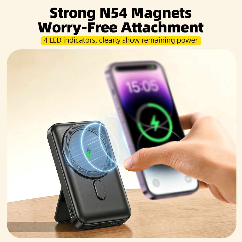 10000mAh High Capacity Portable Powerbank With Built-in Cable PD 22.5W Fast Charging Wireless Charging Power Bank With Stand