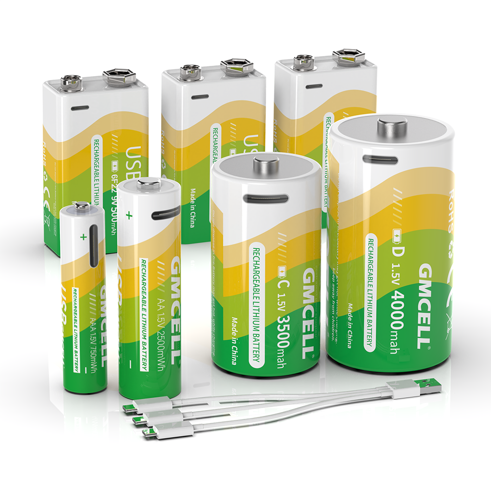 Super Portable USB Battery GMCELL Recycled Eco Battery(AA AAA C D 9V) Rechargeable USB-C 1.5V Lithium Lon Batteries