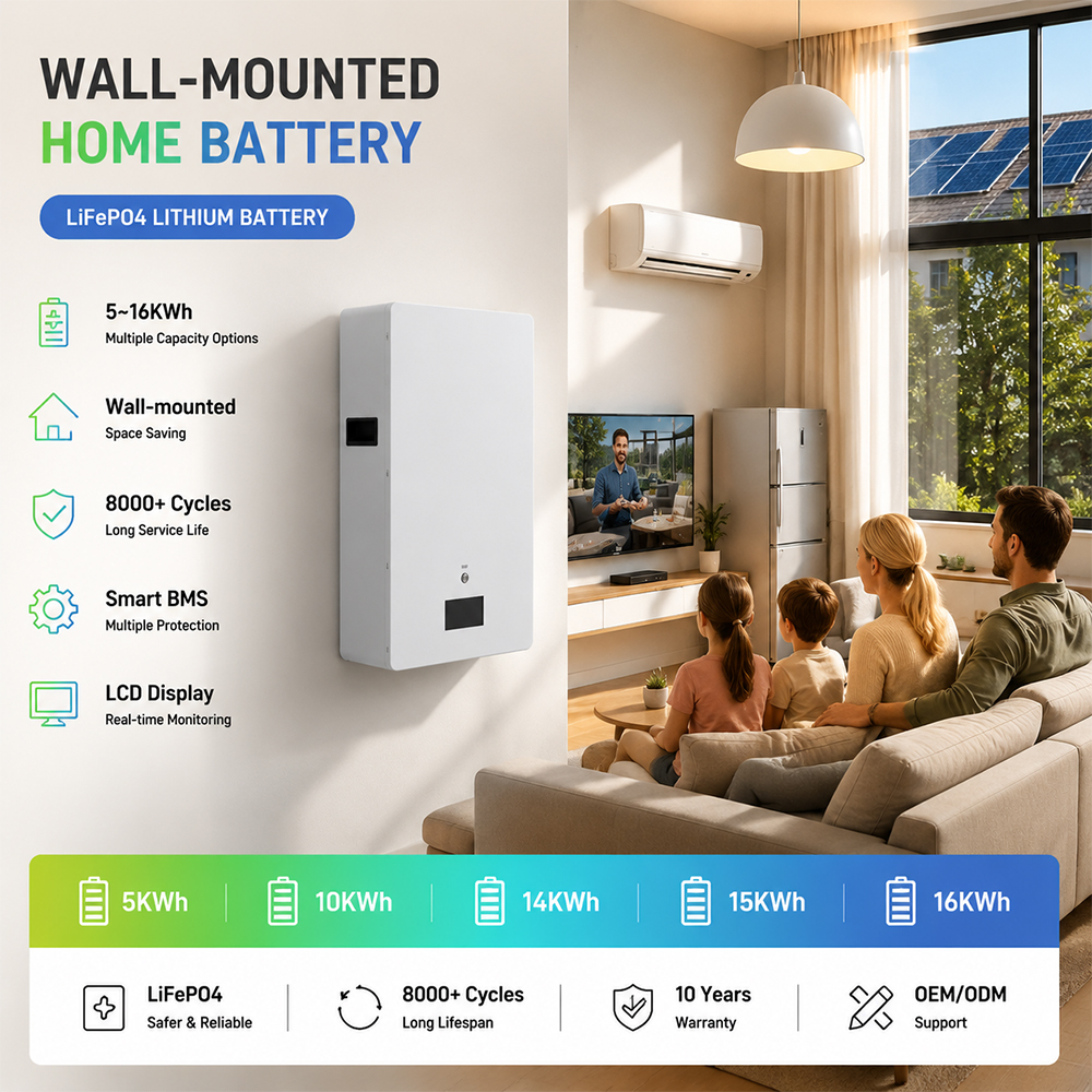 Wall Mounted Solar Lifepo4 Lithium Batteries 48V 51.2V 100Ah 200Ah 5kWh 10kWh 15kWh 16kWh Lifepo4 Lithium Power Wall Battery