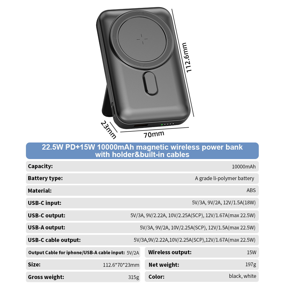 10000mAh High Capacity Portable Powerbank With Built-in Cable PD 22.5W Fast Charging Wireless Charging Power Bank With Stand