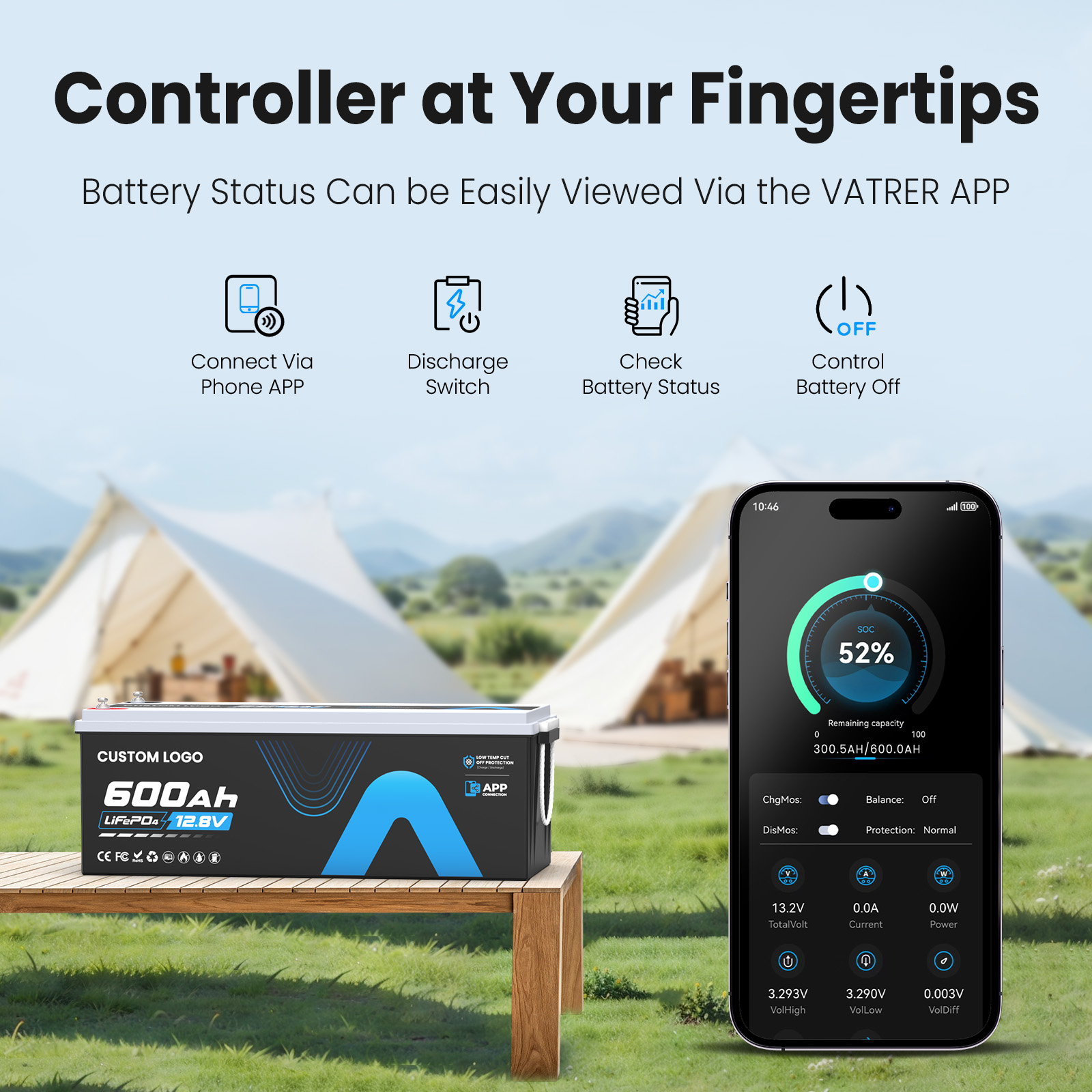 12V 600Ah Bateria De LiFePO4 for Ar Condicionado Bluetooth 12.8v 460ah Battery for Autocaravana RV 4*4 Off-road Camping Vehicle