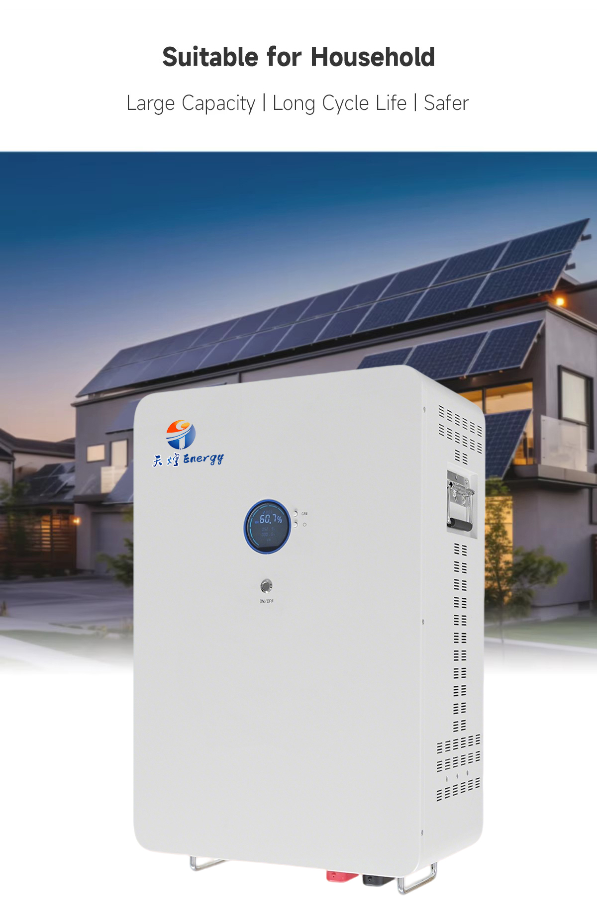 Solar Energy Storage Battery LiFePO4 100Ah/200Ah 5.12KWh/10.24KWh 51.2V Hybrid Grid Wall-Mounted CAN TIANHUANG THF01