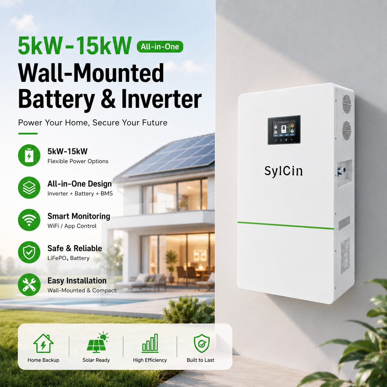 OEM ODM 5kWh-15kWh Wall Mounted All-in-One Energy Storage System With LiFePO4 Battery And Hybrid Inverter For Home Solar