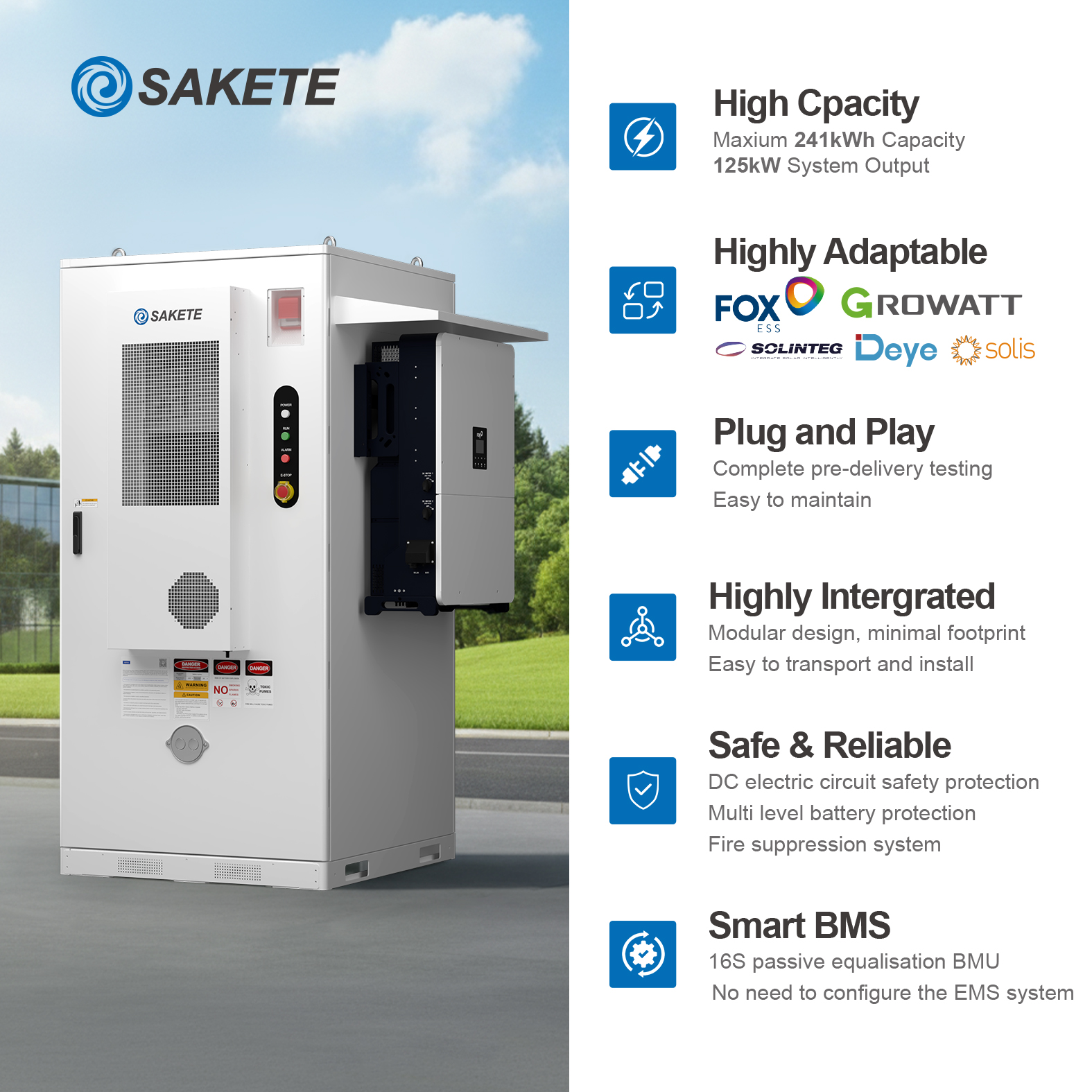 Sakete 200kWh 215kWh High Voltage BESS LiFePO4 Battery Energy Storage System for Industrial Factory and EV Charging Station