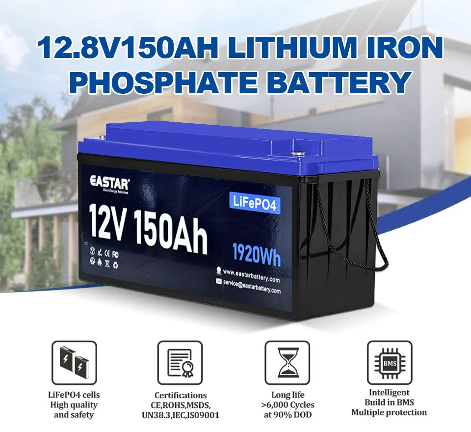 Deep Cycle 12.8V LiFePO4 Battery 150ah Lithium Iron Phosphate Battery with BMS for Solar Home Energy Storage RV UPS