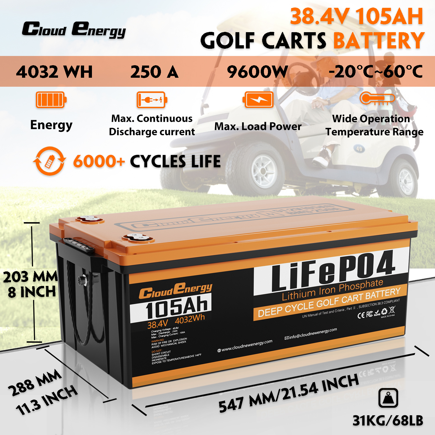 Cloudenergy GF36V-105AH Battery with Charger for Golf Carts &amp; Electric Forklifts 5-Year Warranty 6000 Cycles