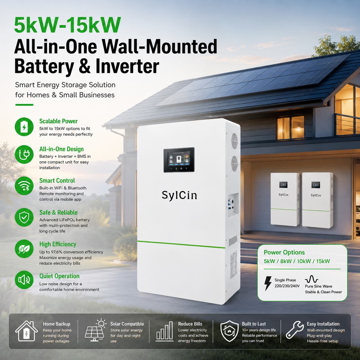 OEM ODM 5kWh-15kWh Wall Mounted All-in-One Energy Storage System With LiFePO4 Battery And Hybrid Inverter For Home Solar