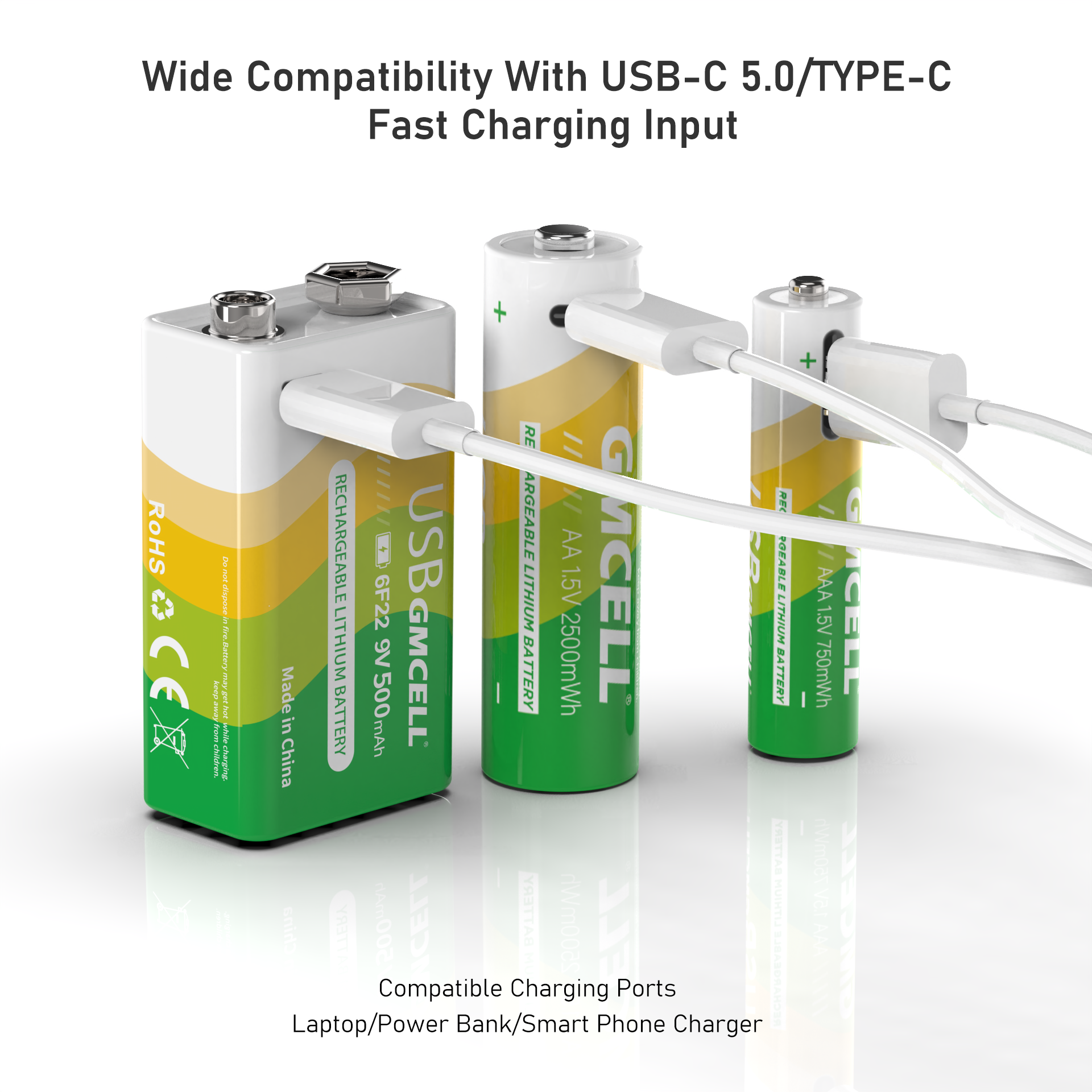 Super Portable USB Battery GMCELL Recycled Eco Battery(AA AAA C D 9V) Rechargeable USB-C 1.5V Lithium Lon Batteries
