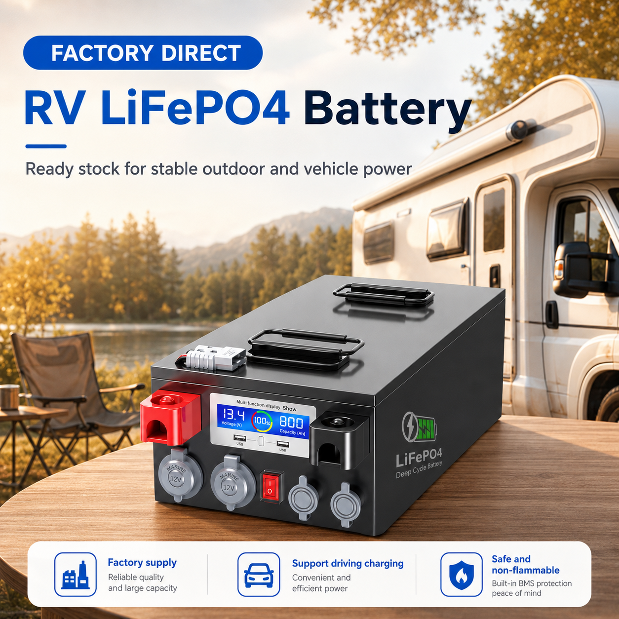 RV Lithium Iron Phosphate Battery 24V/12V High-Capacity Solar Energy Storage for Outdoor Camping Use China