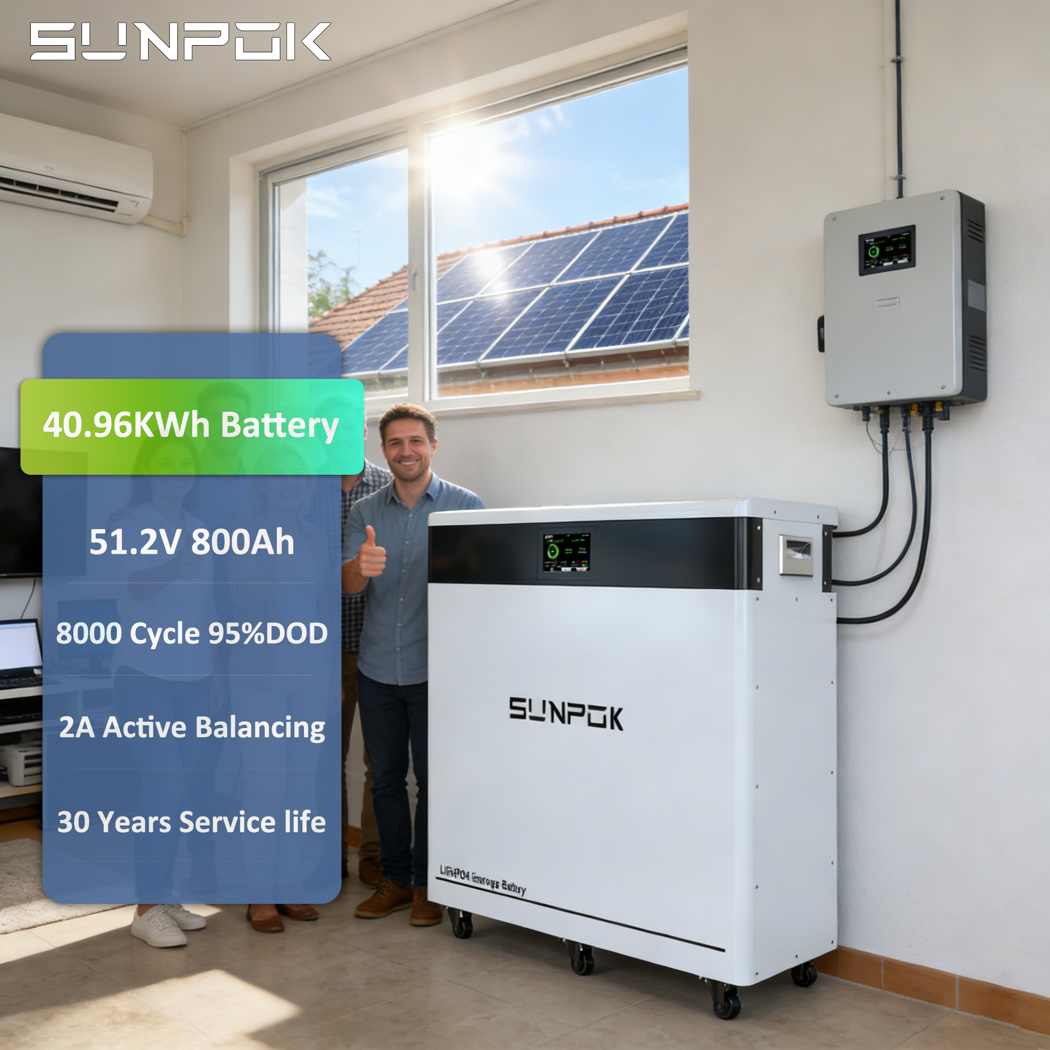SUNPOK Solar System Home 40Kwh Battery Lithium with Wheels 51.2V 800Ah 48V Lithium Energy Storage Batteries for Home