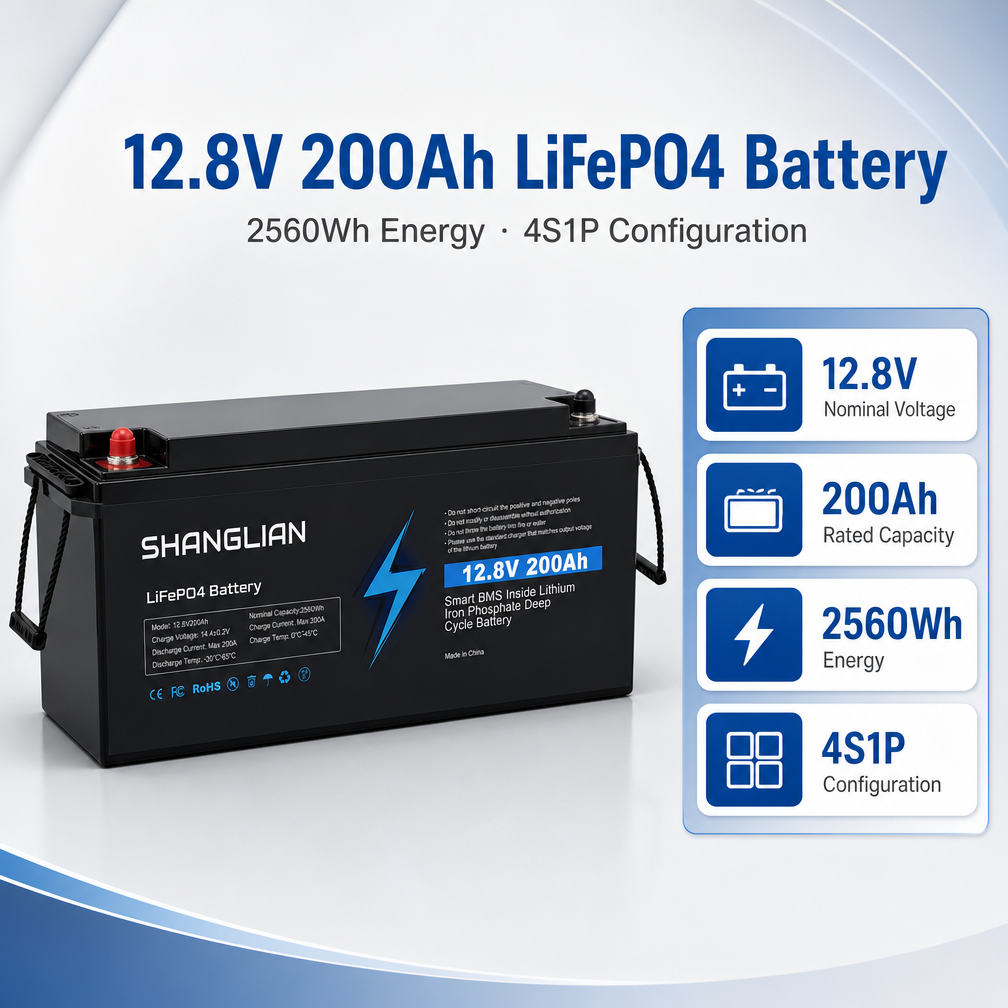 Deep Cycle 12.8V 200Ah Lithium Battery 200A Peak Current Rechargeable Storage Batteries for RV Boat Trolling Motor