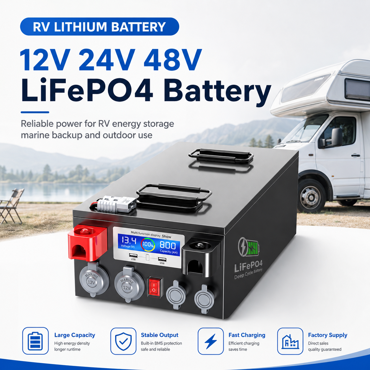 RV Lithium Iron Phosphate Battery 24V/12V High-Capacity Solar Energy Storage for Outdoor Camping Use China