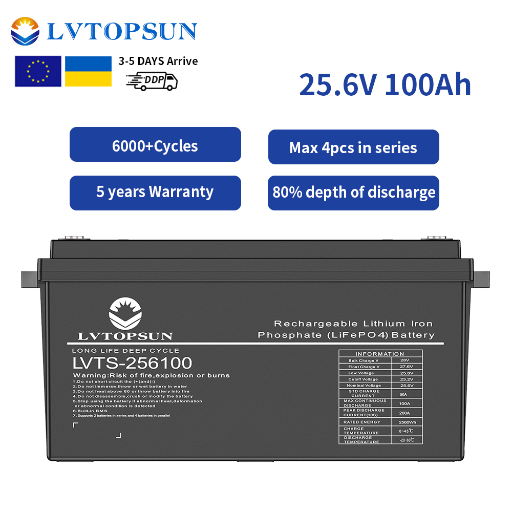LVTOPSUN High Quality 24V 25.6V 100Ah 2.56kwh 6000 Cycles LiFePO4 Battery Pack for Marine Yacht Solar Energy Storage