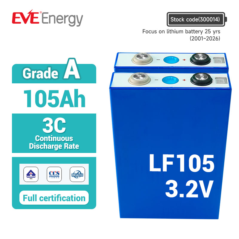 EVE LF105 Grade a 3.2V 105Ah LiFePO4 Battery Cell Prismatic LFP with Original QR Code for Solar RV EV DIY 12V 24V 48V Pack
