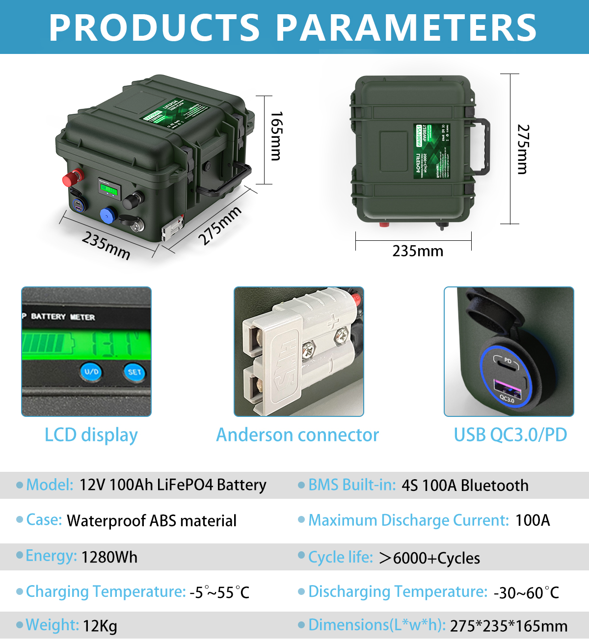 CERRNSS 12v 100ah 200AH Waterproof Suitcase Battery 1200w Rechargeable Outdoor Camping Portable Power Station with Solar