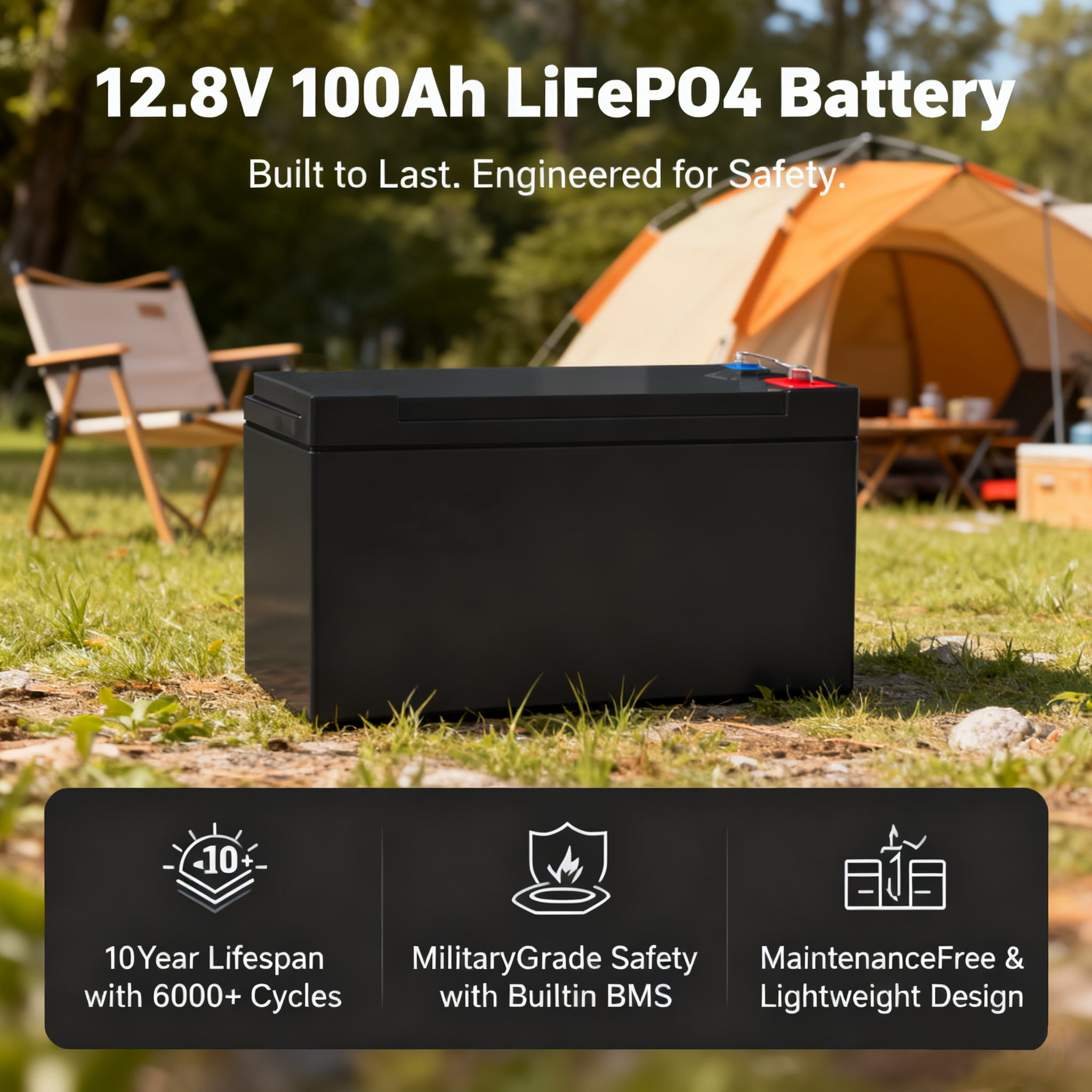 12.8V 100Ah LiFePO4 Deep Cycle Rechargeable Battery with 6000 Cycles for Solar Systems RV Marine Boats Electric Vehicles
