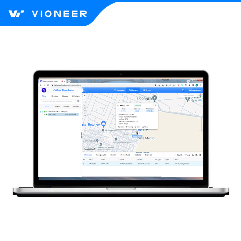 Vioneer's GPS Tracking System with Accurate Online Tracking and History Events and Parkings Trip Statistics Video and Fuel Monitoring Harsh Driving Alarms