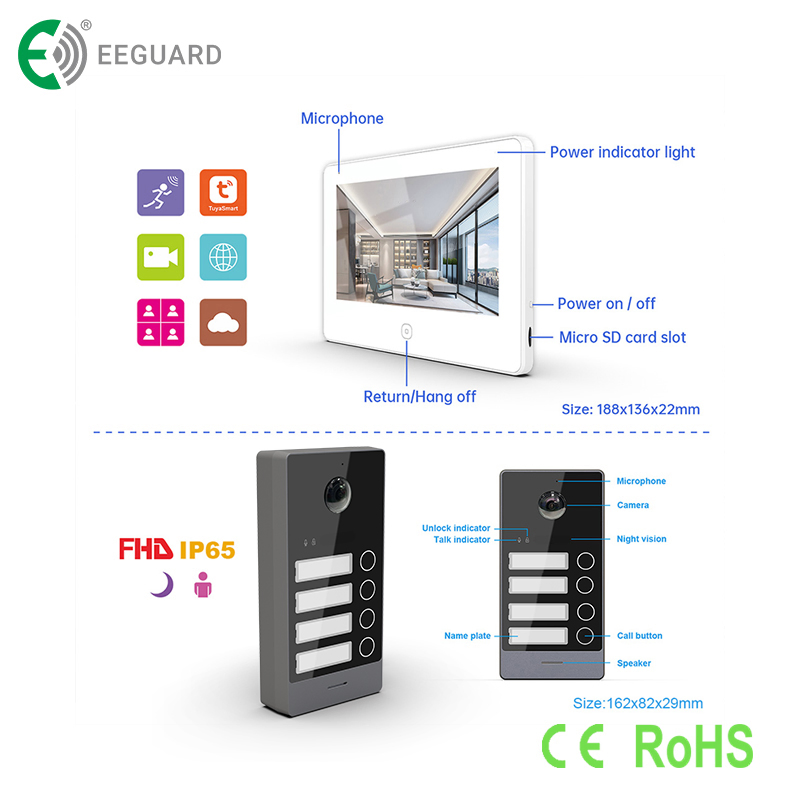 TCP/IP 7" Touch Screen Tuya Intercom System for 4 Family Villa Kit