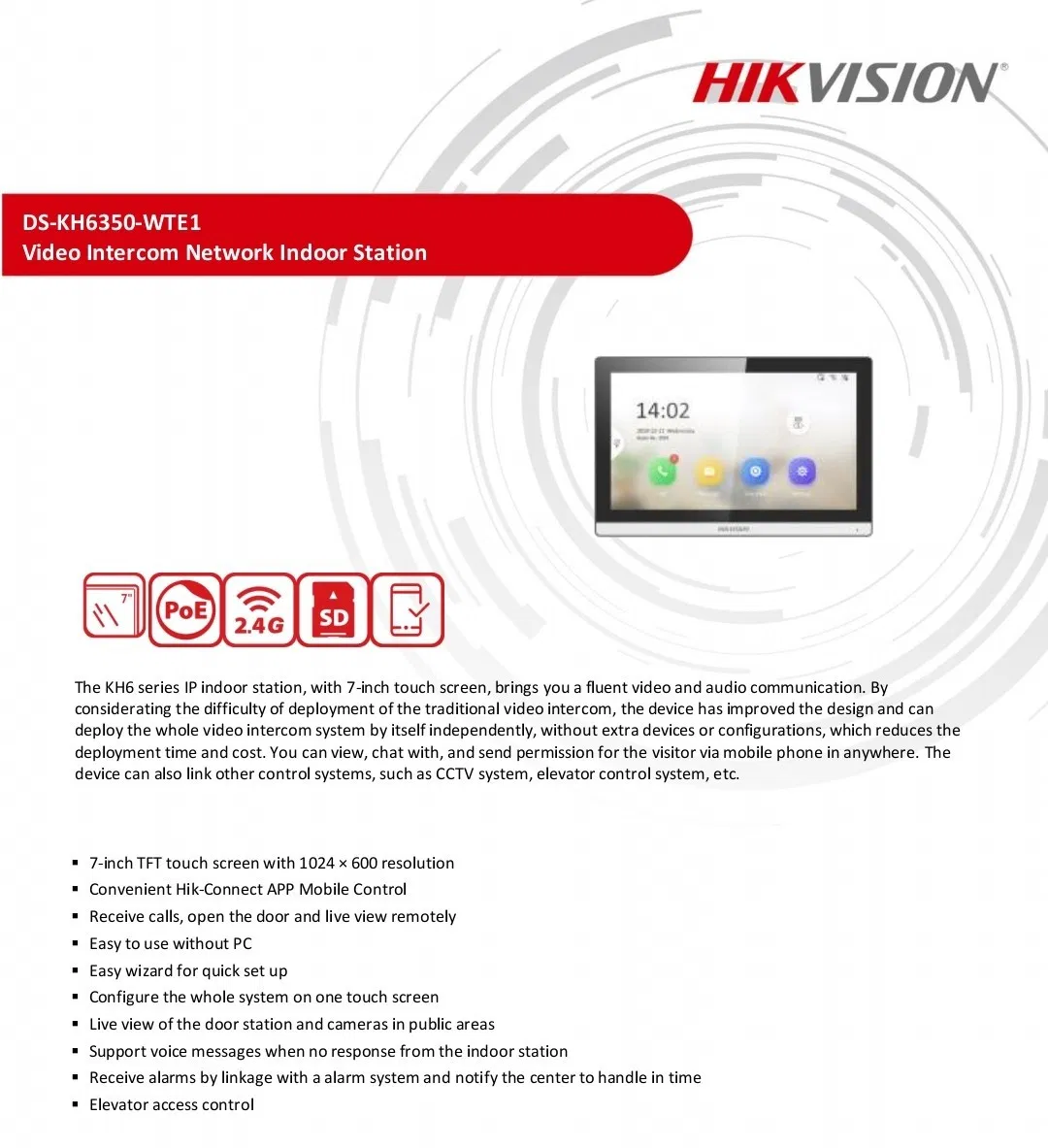 Hikvision Ds-Kh6350-Wte1 7-Inch IPS Touchscreen IP Intercom Indoor Station with Poe &amp; WiFi