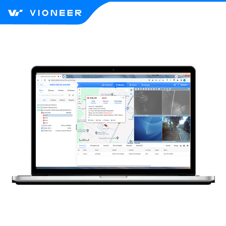Vioneer's GPS Tracking System with Accurate Online Tracking and History Events and Parkings Trip Statistics Video and Fuel Monitoring Harsh Driving Alarms