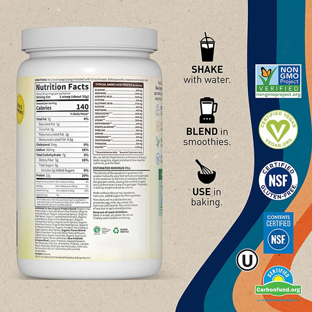 Zero Sugar & Gluten-Free Bcaa-Enriched Chocolate Flavor Raw Organic Plant-Based Protein Powder