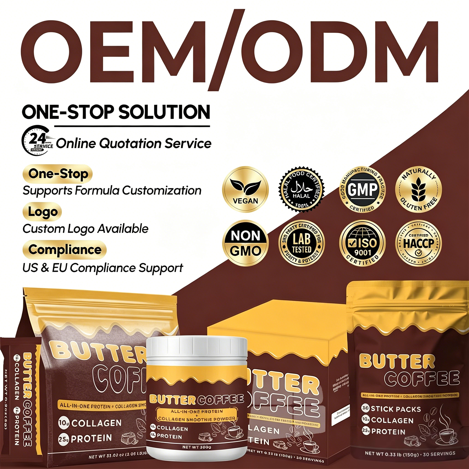 OLLI Gluten Free No Added Sugars Natural Reishi Cordyceps Grass Fed Whey Protein Butter Coffee Collagen Powder For Adult Muscle