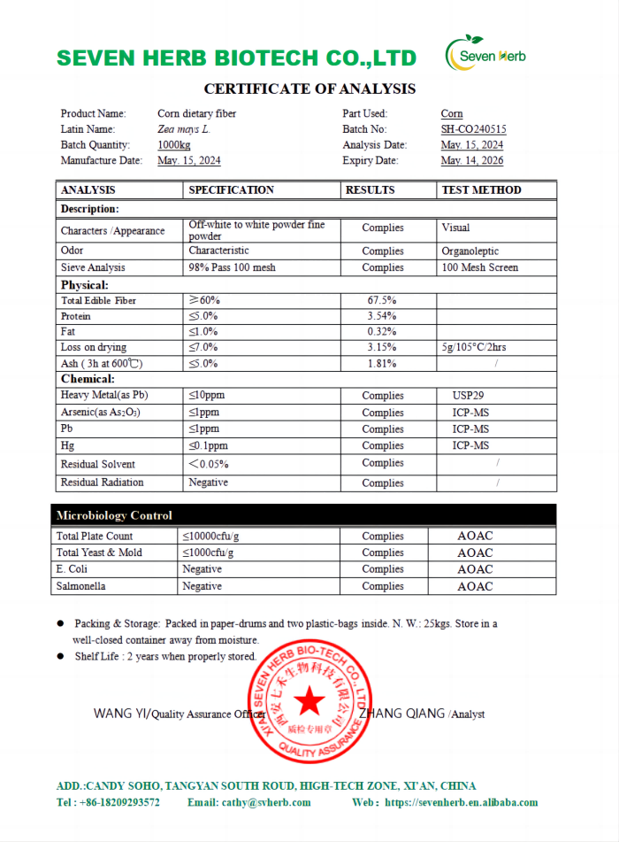 Corn Dietary Fiber Specification Chart