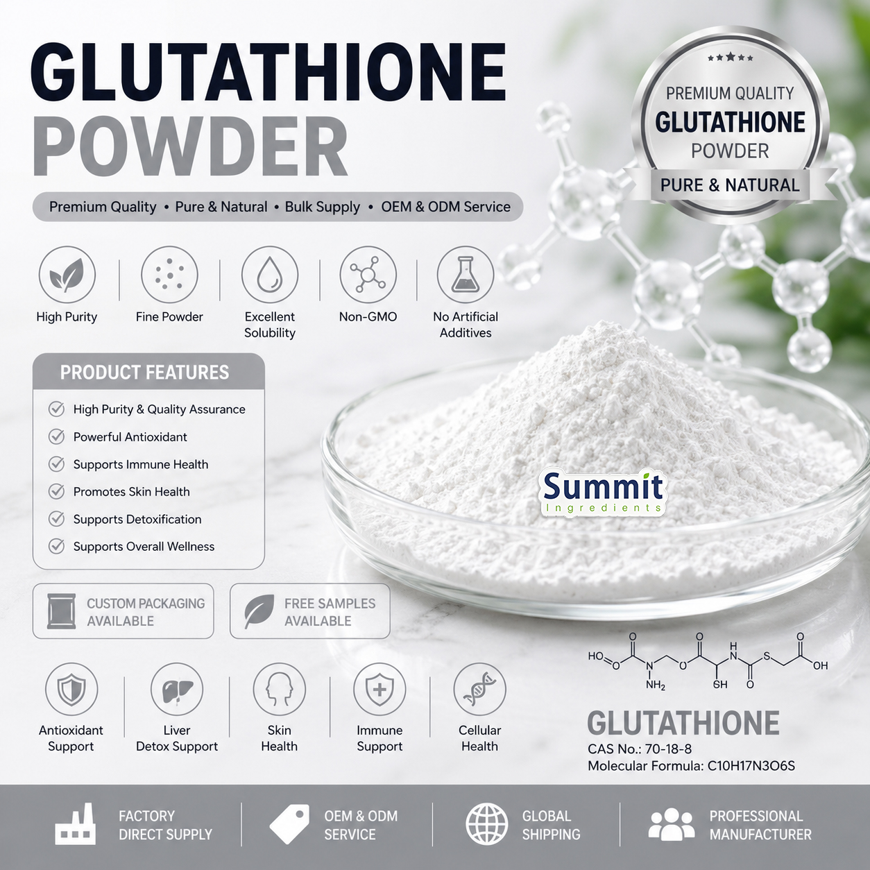 Enhanced Absorption Liposomal Glutathione Powder Food Grade Pure L-Glutathione Supplement Powder For Immune Support