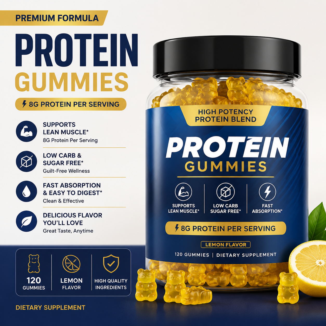 Best-Selling Lemon Protein Gummies 8g Protein Per Serving Sugar Free Low Carb Fast Absorption