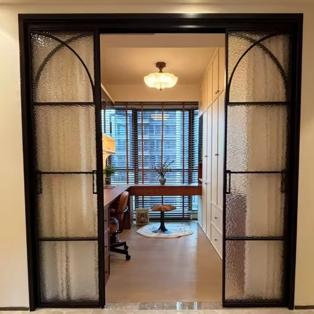 Customized Retro French Double Tempered Glass Soundproof Aluminum Frame Inner Sliding Door