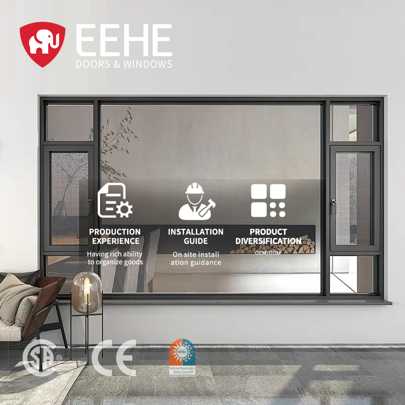 Eehe Modern Tempered Glass and Aluminum Alloy Inward-Opening Casement Windows with High-Quality Awnings, Compliant with CE Standards