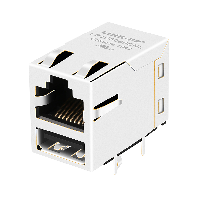 DIP Gold Pleated Network Ethernet PCB Shielded RJ45 Female Combo Jack With Single USB