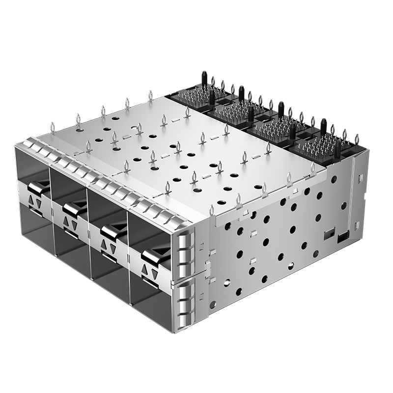 SFPP-3120-L Pulse Compatible 160P Stacked 2x4 Ports Press Fit SFP+ Cage With Light Pipe