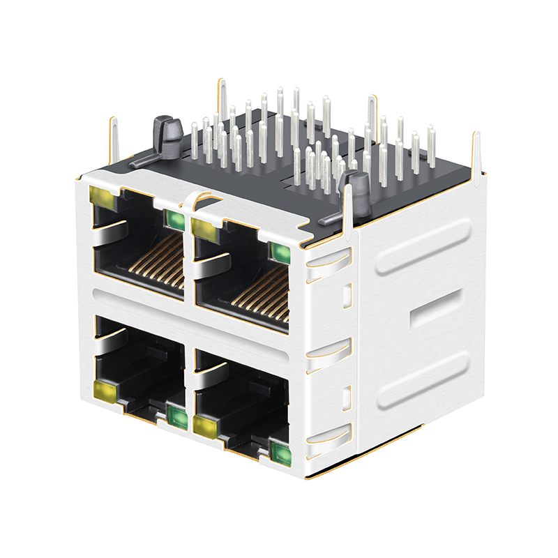 Shield 2x2 Ports Ethernet 2.5G Base-t Female RJ45 Magnetic Jack With Led