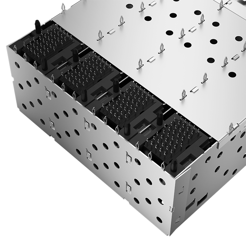 SFPP-3120-L Pulse Compatible 160P Stacked 2x4 Ports Press Fit SFP+ Cage With Light Pipe