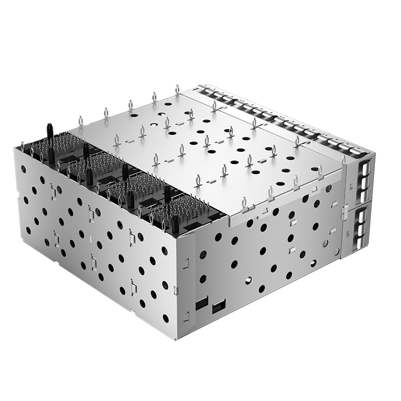 SFPP-3120-L Pulse Compatible 160P Stacked 2x4 Ports Press Fit SFP+ Cage With Light Pipe