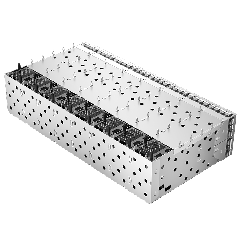 1-2198346-9 Through Hole Right Angle Press-Fit EMI Shielded Housing 2x8 SFP+ Receptacle Cage