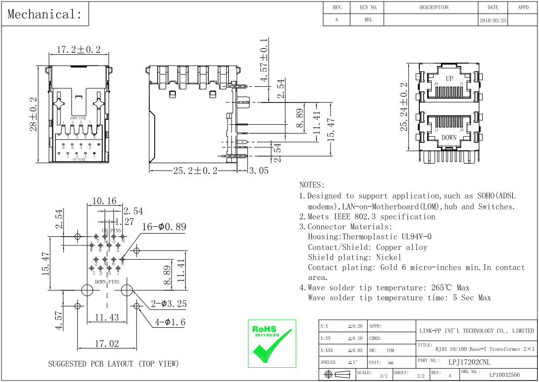 2x1 Port Shielded RJ45 Modular Jack Structural Diagram