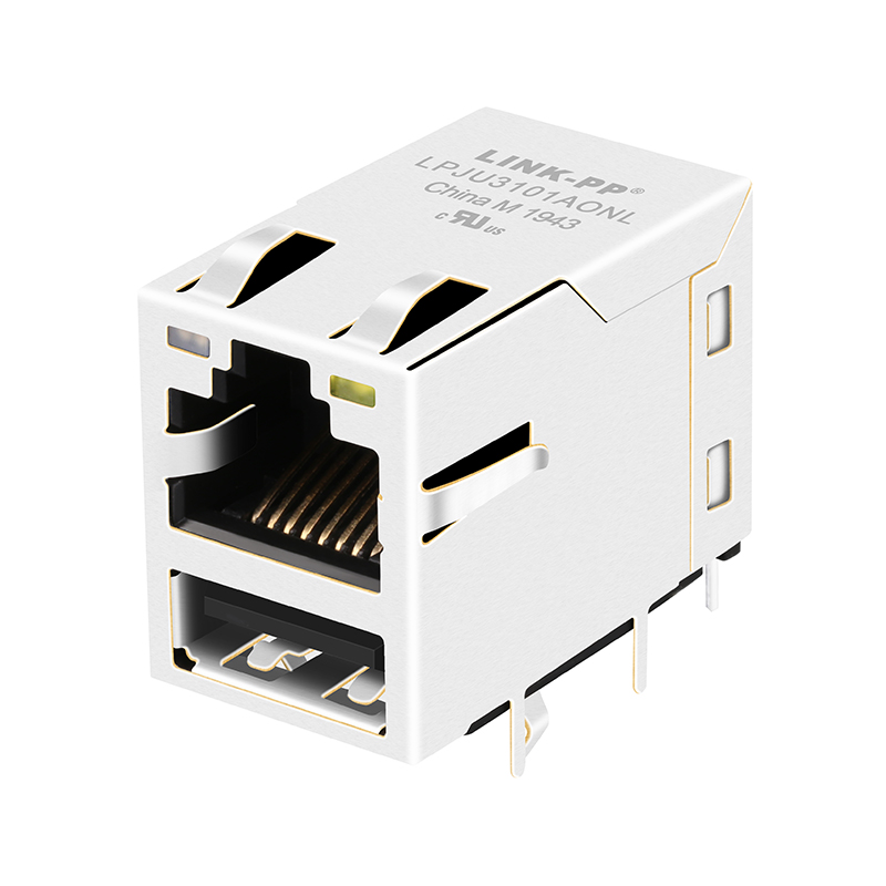 MIC24U16131W-LF3 Tab up 10/100 Base-t Ethernet Magnetic Female RJ45 USB Jack With Leds