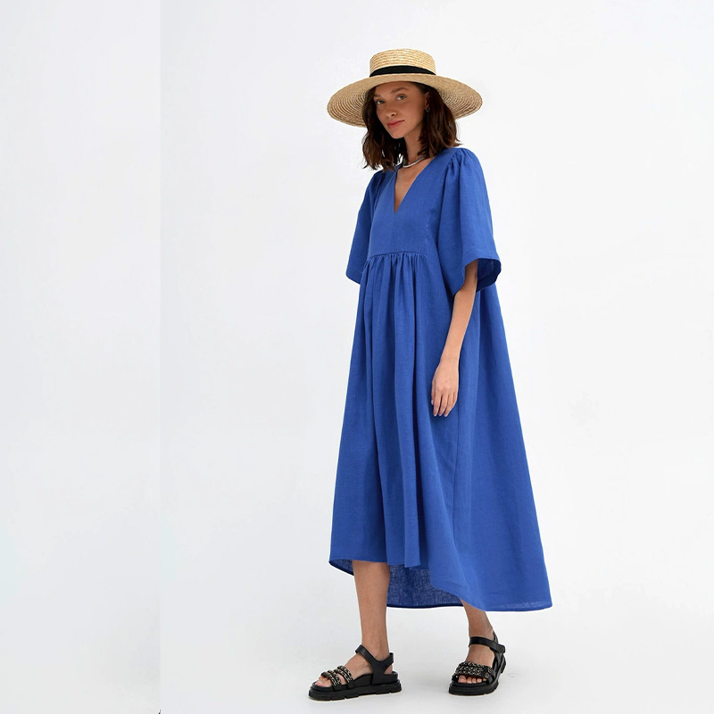 Vestido de Verão Casual Feminino de Linho com Decote em V, Manga Curta, Solto, A-Line, Cor Sólida, para o Dia a Dia