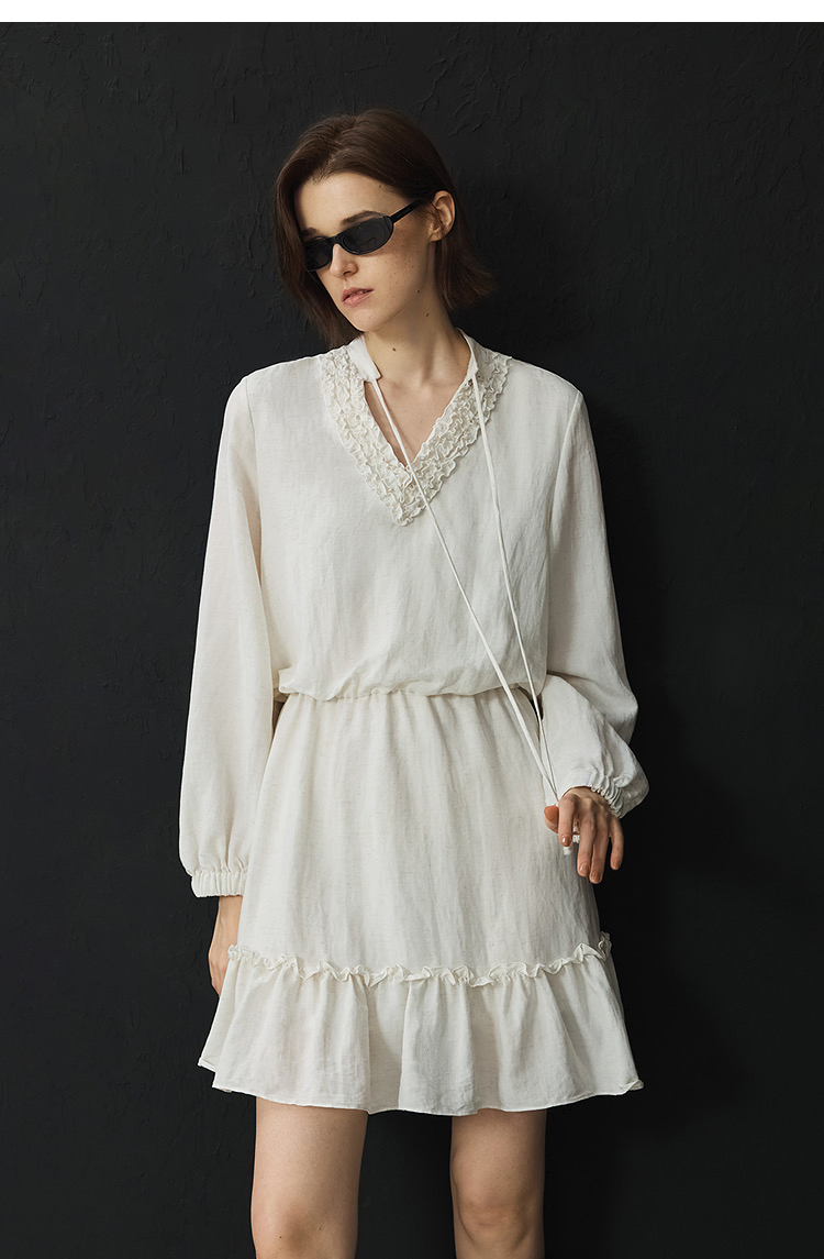 Vestido de Verão Feminino de Lazer Atacado com Saia de Babados, Cintura Elástica, Vestido de Camisa de Linho para Uso Casual e Oficial