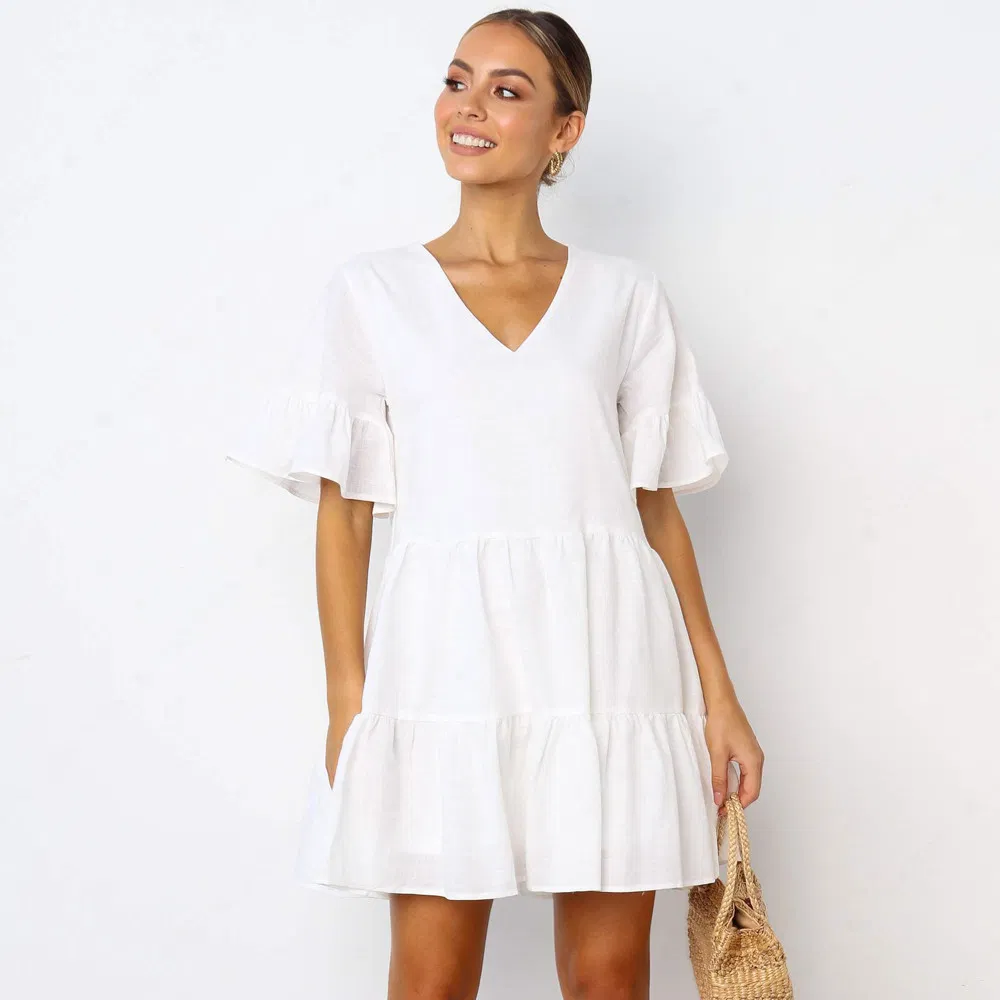 Melhores Vendas Vestido Casual Elegante Feminino de Manga Curta com Decote em V em Cores Sólidas Europeu e Americano