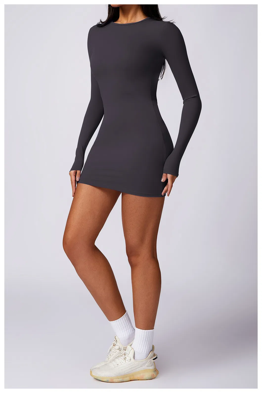 Vestido mini casual de manga longa com decote redondo para mulheres