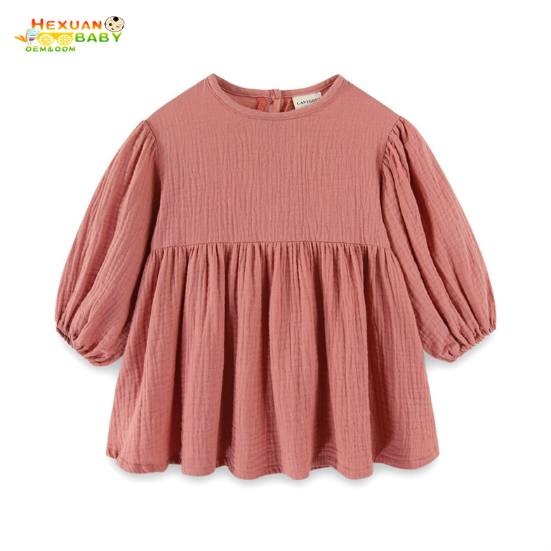 Novo Vestido Infantil de Outono e Primavera, Cor Sólida, Manga Longa, Algodão Linho, Doce Casual, Vestido para Menina Bebê