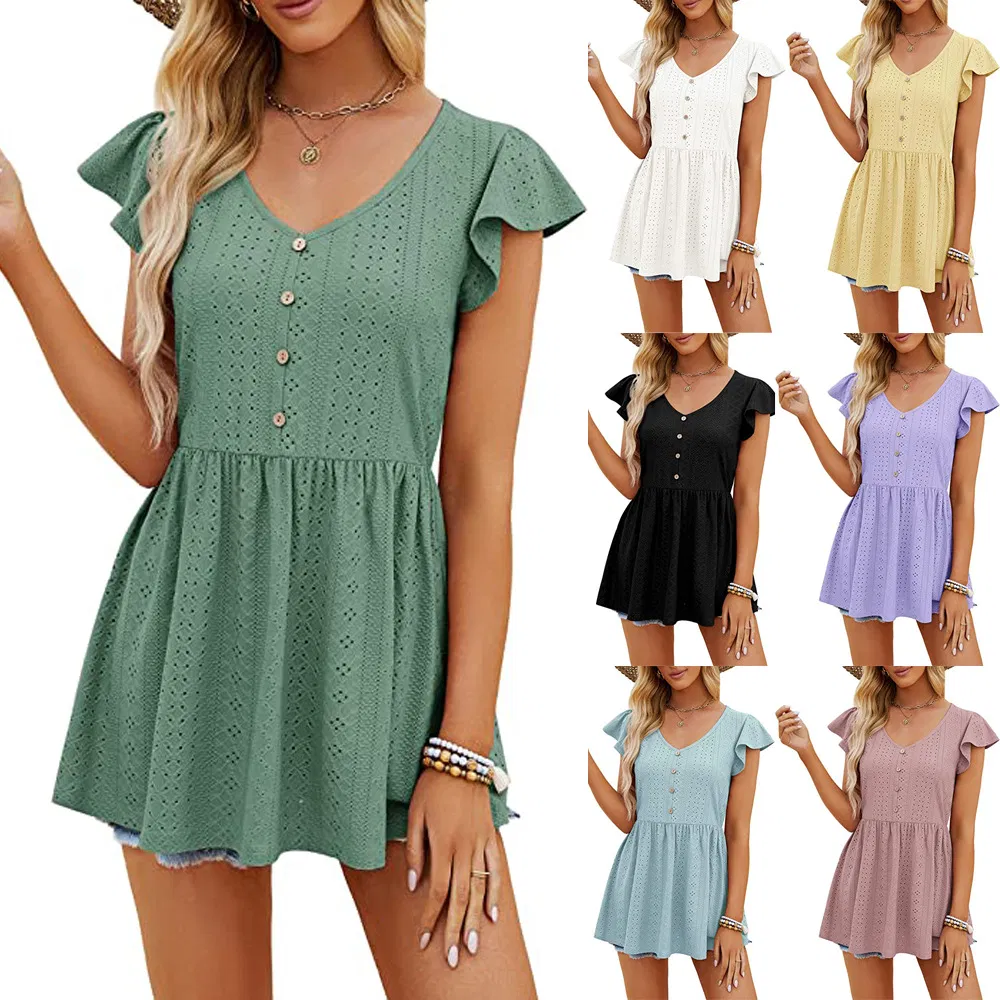 2023 Vestido Curto Casual Slim com Decote em V, Botões e Renda, T-Shirt Longa de Algodão Solta para o Verão, Tricô Jacquard para Mulheres