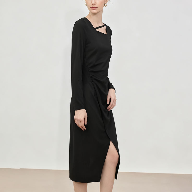 Novo Versátil, Confortável e Fashionável Vestido Casual Longo de Manga Longa com Gola Média e Decote Quadrado em A