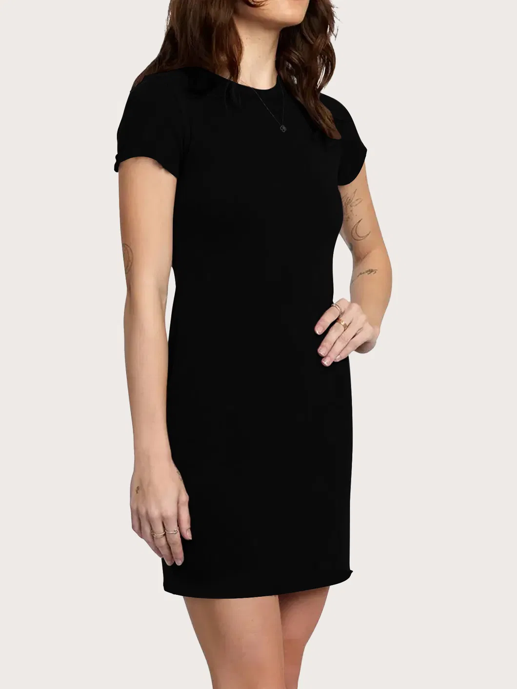 Vestido Simples Sólido, Casual com Gola Redonda, Manga Curta, Mini Vestido Preto