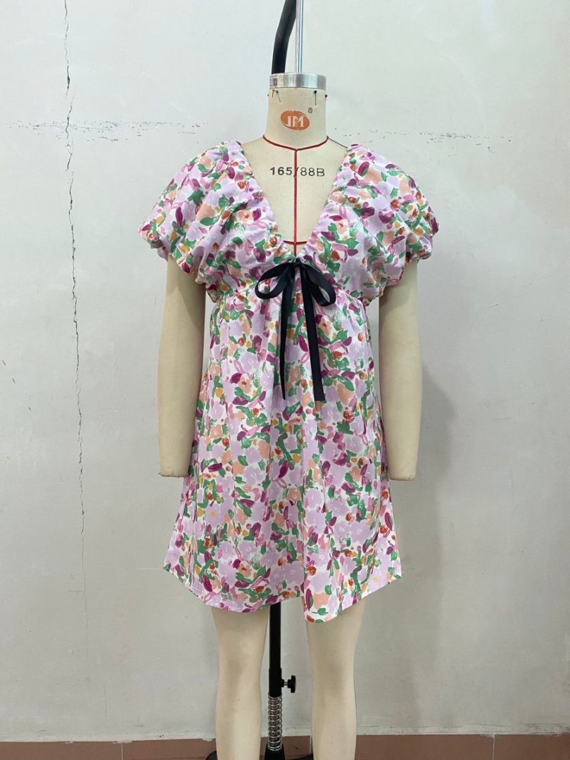 Vestidos Casuais Soltos de Verão para Mulheres, Vestido Maxi Estampado Curto com Decote em V Profundo, Sexy e Doce