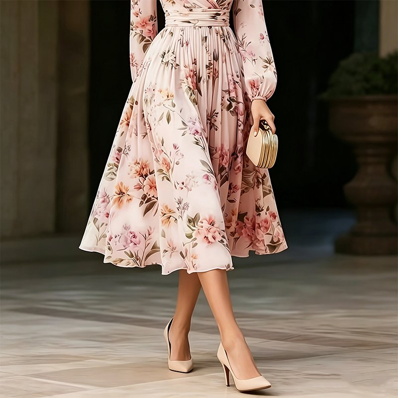 Vestido Midi Chiffon com Estampa Floral para Fornecimento de Fábrica, Manga Longa, Decote em V, Cintura Reunida, A Linha, Casual, para Escritório, Convidada de Casamento, Vestido de Verão, Logotipo Personalizado